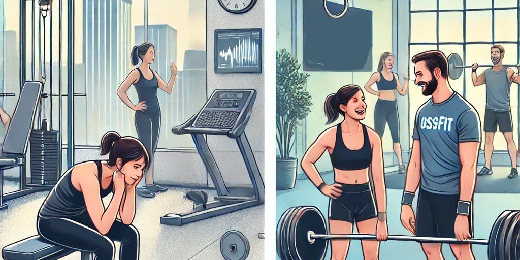 Vergleich zwischen einem traditionellen Fitnessstudio mit einsamem Training an Maschinen und BRIZZLY in Villach mit motivierendem Personal Coaching.