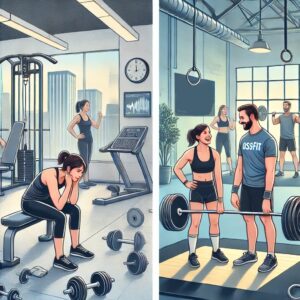 Vergleich zwischen einem traditionellen Fitnessstudio mit einsamem Training an Maschinen und BRIZZLY in Villach mit motivierendem Personal Coaching.