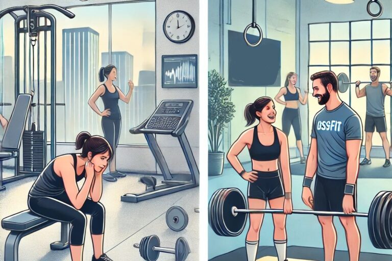 fitnessstudio-vs-brizzly-villach Vergleich zwischen einem traditionellen Fitnessstudio mit einsamem Training an Maschinen und BRIZZLY in Villach mit motivierendem Personal Coaching.