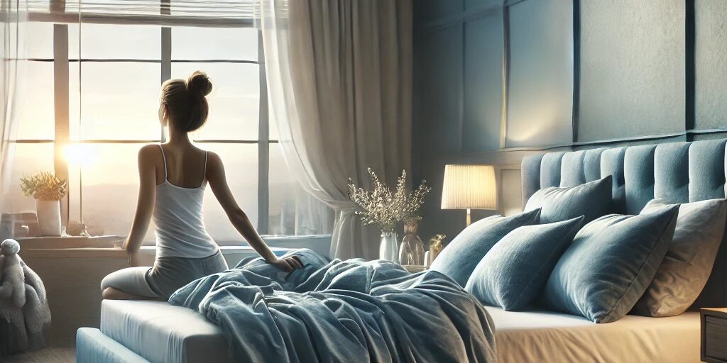 Schlaf und Regeneration: Frau genießt den Sonnenaufgang im Schlafzimmer Eine Frau sitzt auf einem Bett in einem blau-grauen Schlafzimmer und blickt entspannt auf den Sonnenaufgang durch das Fenster.