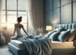 Eine Frau sitzt auf einem Bett in einem blau-grauen Schlafzimmer und blickt entspannt auf den Sonnenaufgang durch das Fenster.
