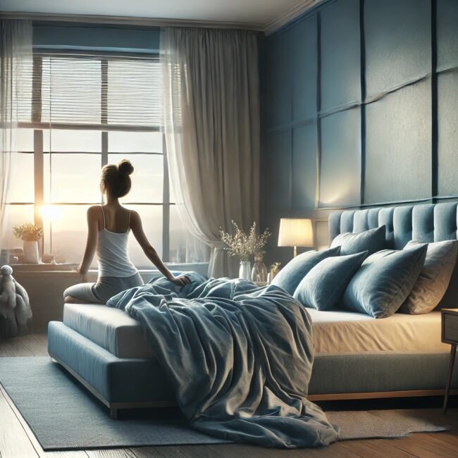 Schlaf und Regeneration: Frau genießt den Sonnenaufgang im Schlafzimmer Eine Frau sitzt auf einem Bett in einem blau-grauen Schlafzimmer und blickt entspannt auf den Sonnenaufgang durch das Fenster.