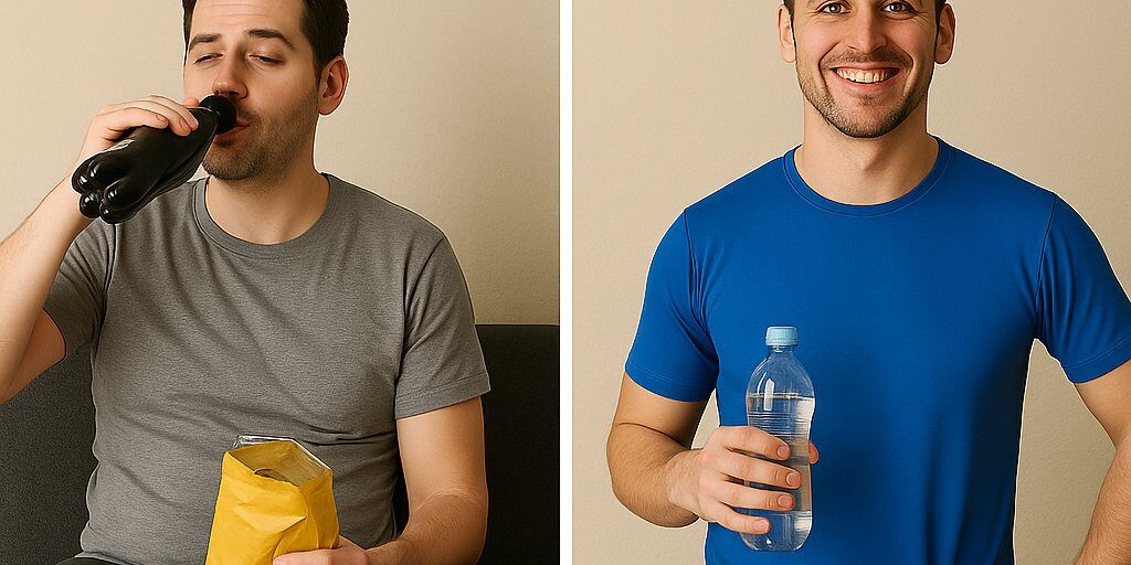 gesunde-vs-ungesunde-gewohnheiten-vergleich Ein Mann im direkten Vergleich: links ungesunde Gewohnheiten mit Chips und Cola, rechts gesunde Routine mit Sportkleidung und Wasserflasche.