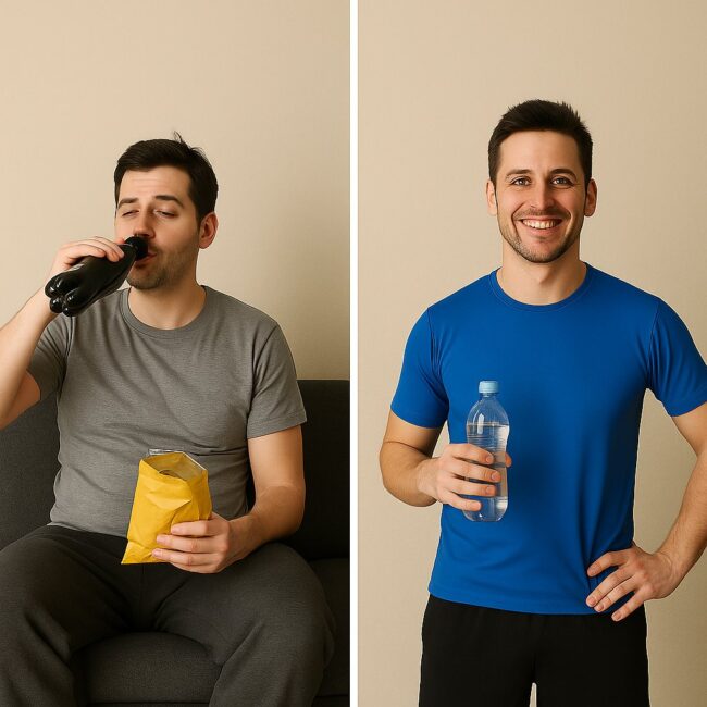 gesunde-vs-ungesunde-gewohnheiten-vergleich Ein Mann im direkten Vergleich: links ungesunde Gewohnheiten mit Chips und Cola, rechts gesunde Routine mit Sportkleidung und Wasserflasche.