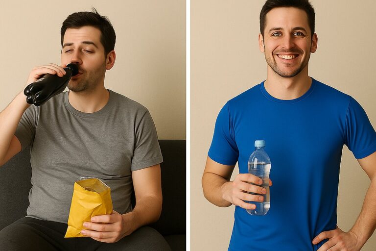gesunde-vs-ungesunde-gewohnheiten-vergleich Ein Mann im direkten Vergleich: links ungesunde Gewohnheiten mit Chips und Cola, rechts gesunde Routine mit Sportkleidung und Wasserflasche.