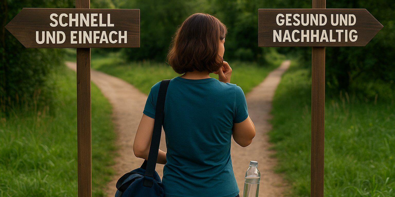 Weggabelung Entscheidung Abnehmen – schnell oder nachhaltig Frau steht an einer Weggabelung mit zwei Schildern: "Schnell und einfach" und "Gesund und nachhaltig". Symbolbild für die Entscheidung zwischen kurzfristiger Abnehmspritze und langfristigem, nachhaltigem Abnehmen durch gesunde Gewohnheiten.