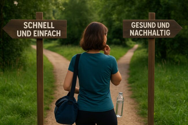 Weggabelung Entscheidung Abnehmen – schnell oder nachhaltig Frau steht an einer Weggabelung mit zwei Schildern: "Schnell und einfach" und "Gesund und nachhaltig". Symbolbild für die Entscheidung zwischen kurzfristiger Abnehmspritze und langfristigem, nachhaltigem Abnehmen durch gesunde Gewohnheiten.