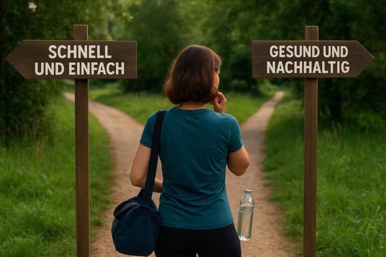Weggabelung Entscheidung Abnehmen – schnell oder nachhaltig Frau steht an einer Weggabelung mit zwei Schildern: "Schnell und einfach" und "Gesund und nachhaltig". Symbolbild für die Entscheidung zwischen kurzfristiger Abnehmspritze und langfristigem, nachhaltigem Abnehmen durch gesunde Gewohnheiten.