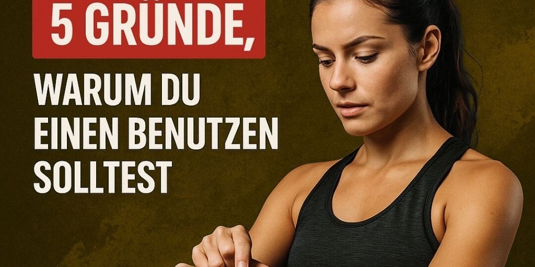 Grafik mit Fitnessarmband auf BRIZZLY-Mustard-Hintergrund – Titel „FITNESSTRACKER: 5 Gründe, warum du einen benutzen solltest“ mit Auflistung der Vorteile wie Schlafanalyse, Bewegung, Routinen, Gesundheit und Fortschritt.