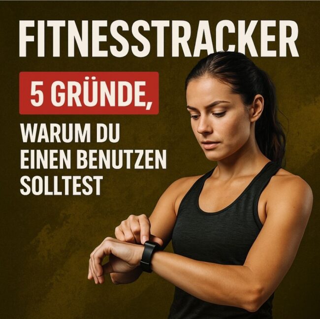 5 Gründe, warum ein Fitnesstracker sinnvoll ist – BRIZZLY Tipp Grafik mit Fitnessarmband auf BRIZZLY-Mustard-Hintergrund – Titel „FITNESSTRACKER: 5 Gründe, warum du einen benutzen solltest“ mit Auflistung der Vorteile wie Schlafanalyse, Bewegung, Routinen, Gesundheit und Fortschritt.