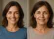 Vergleichsbild: Frau mit 45 Jahren – links jünger, rechts sichtbar schneller gealtert
