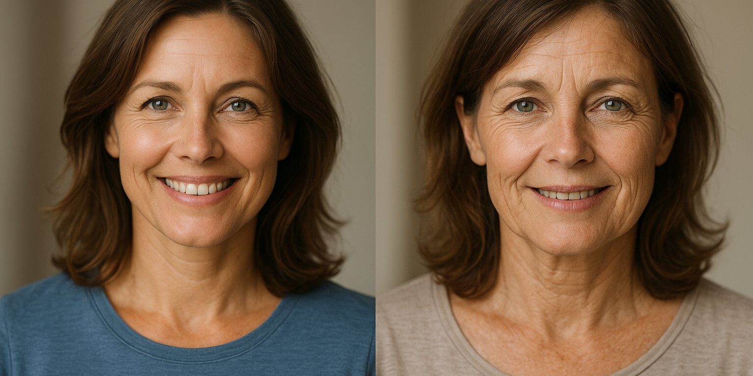 jung-bleiben-langsam-altern Vergleichsbild: Frau mit 45 Jahren – links jünger, rechts sichtbar schneller gealtert