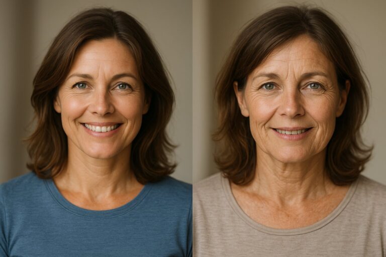 jung-bleiben-langsam-altern Vergleichsbild: Frau mit 45 Jahren – links jünger, rechts sichtbar schneller gealtert
