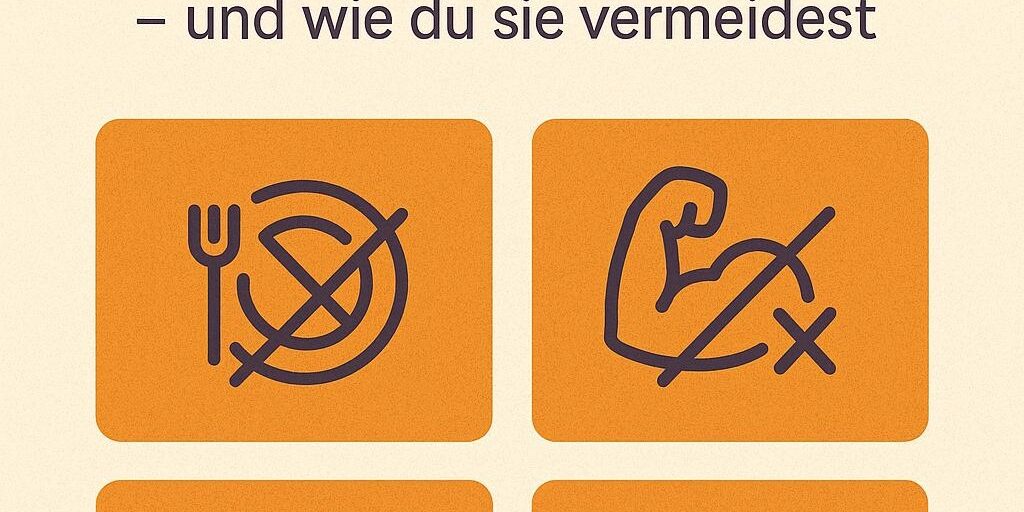 5 häufige Fehler beim Abnehmen – und wie du sie vermeidest | BRIZZLY Infografik mit dem Titel „5 häufige Fehler beim Abnehmen – und wie du sie vermeidest“. Fünf Icons visualisieren typische Abnehmfehler wie zu wenig Essen, fehlendes Krafttraining und Fokus auf die Waage.