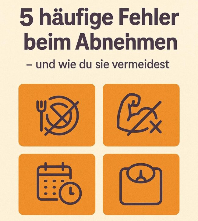 5 häufige Fehler beim Abnehmen – und wie du sie vermeidest | BRIZZLY Infografik mit dem Titel „5 häufige Fehler beim Abnehmen – und wie du sie vermeidest“. Fünf Icons visualisieren typische Abnehmfehler wie zu wenig Essen, fehlendes Krafttraining und Fokus auf die Waage.