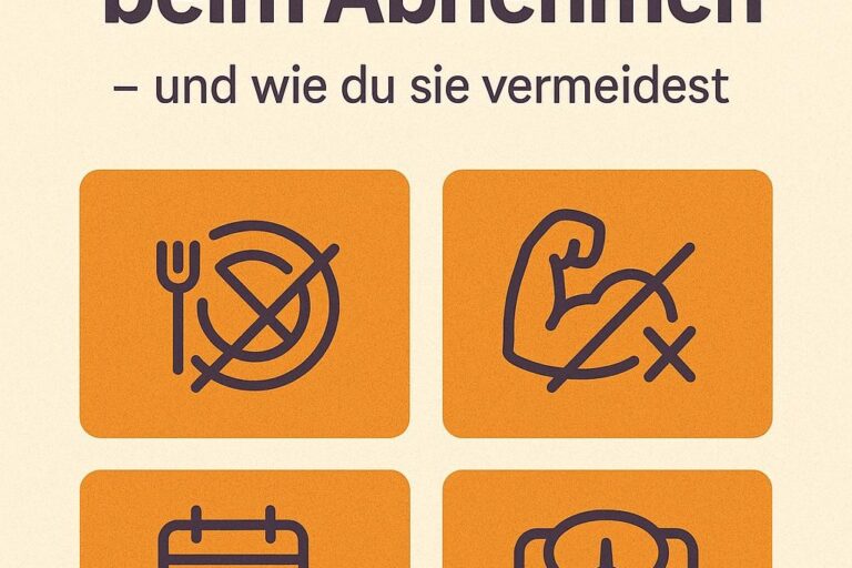 5 häufige Fehler beim Abnehmen – und wie du sie vermeidest | BRIZZLY Infografik mit dem Titel „5 häufige Fehler beim Abnehmen – und wie du sie vermeidest“. Fünf Icons visualisieren typische Abnehmfehler wie zu wenig Essen, fehlendes Krafttraining und Fokus auf die Waage.