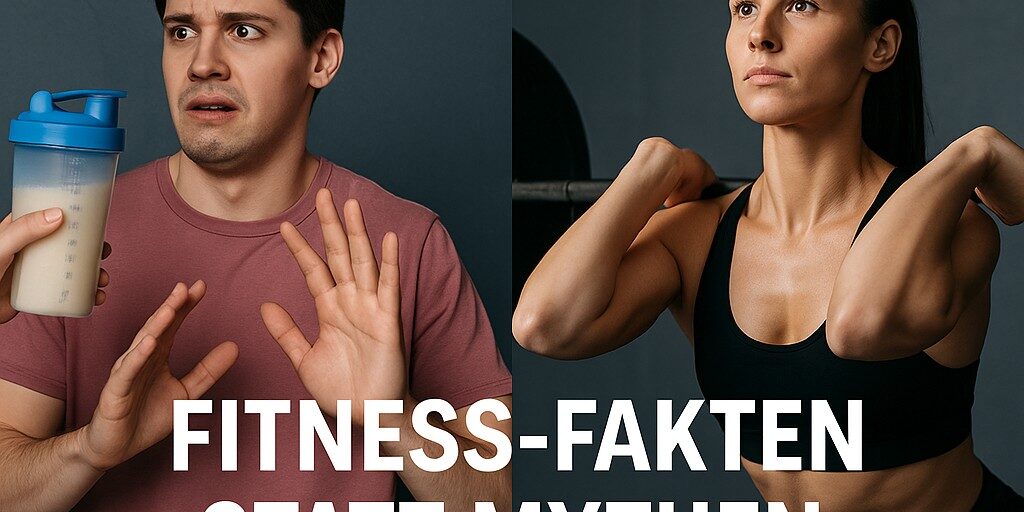 fitness-mythen-protein-krafttraining Split-Bild mit Fitness-Mythen: links ein skeptischer Mann mit Proteinshake, rechts eine sportliche Frau beim Krafttraining mit Langhantel