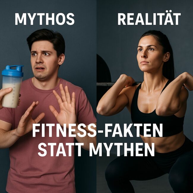 fitness-mythen-protein-krafttraining Split-Bild mit Fitness-Mythen: links ein skeptischer Mann mit Proteinshake, rechts eine sportliche Frau beim Krafttraining mit Langhantel
