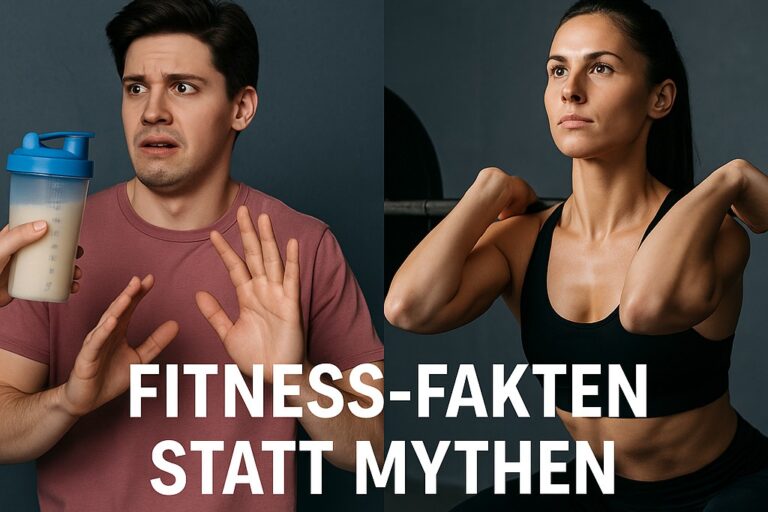 fitness-mythen-protein-krafttraining Split-Bild mit Fitness-Mythen: links ein skeptischer Mann mit Proteinshake, rechts eine sportliche Frau beim Krafttraining mit Langhantel