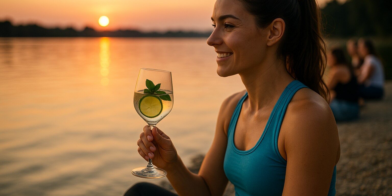 frau-see-wasser-genuss-ohne-verzicht.jpg Frau sitzt am See und genießt ein Glas Wasser mit Limette und Minze beim Sonnenuntergang