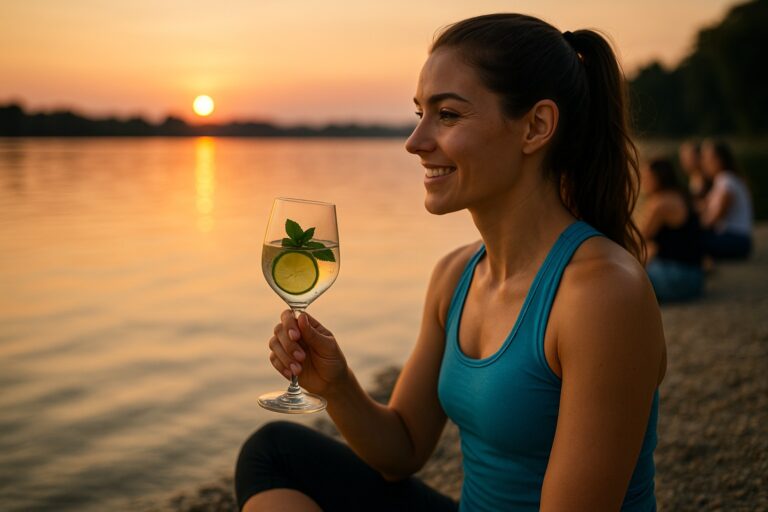 frau-see-wasser-genuss-ohne-verzicht.jpg Frau sitzt am See und genießt ein Glas Wasser mit Limette und Minze beim Sonnenuntergang