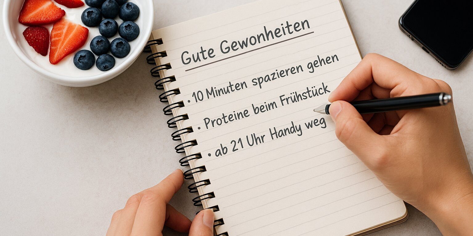 Gute Gewohnheiten aufschreiben – der erste Schritt zu nachhaltiger Veränderung Notizbuch mit handschriftlicher Liste guter Gewohnheiten wie „10 Minuten spazieren gehen“ und „ab 21 Uhr Handy weg“, daneben Kaffee und ruhige Morgenstimmung