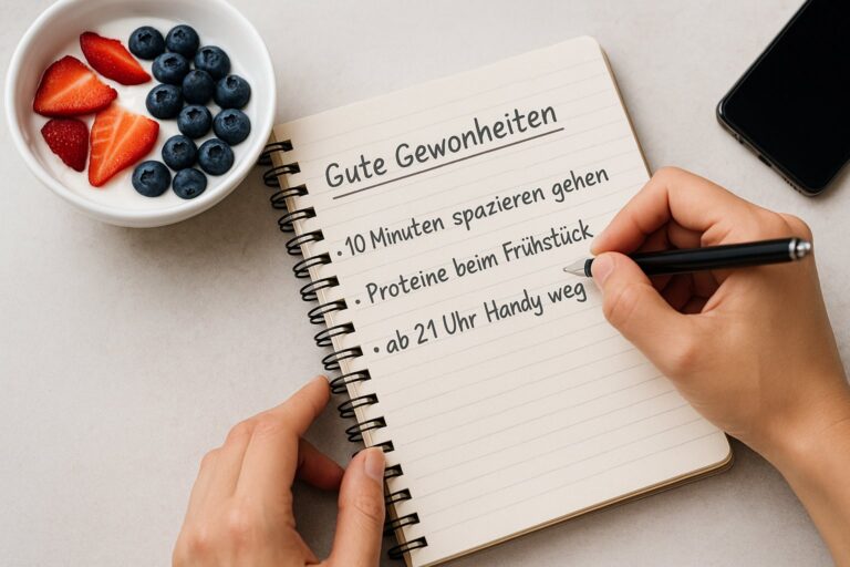 Gute Gewohnheiten aufschreiben – der erste Schritt zu nachhaltiger Veränderung Notizbuch mit handschriftlicher Liste guter Gewohnheiten wie „10 Minuten spazieren gehen“ und „ab 21 Uhr Handy weg“, daneben Kaffee und ruhige Morgenstimmung