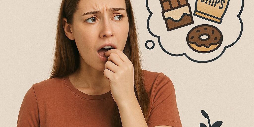 Heißhunger verstehen – Ursachen und was Insulin damit zu tun hat Frau mit Heißhunger denkt an Schokolade, Chips und Donuts – Darstellung von Insulin und Magensymbol