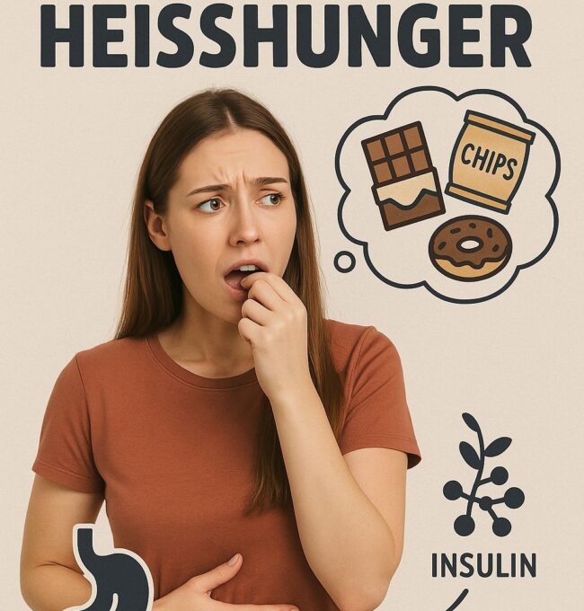 Heißhunger verstehen – Ursachen und was Insulin damit zu tun hat Frau mit Heißhunger denkt an Schokolade, Chips und Donuts – Darstellung von Insulin und Magensymbol