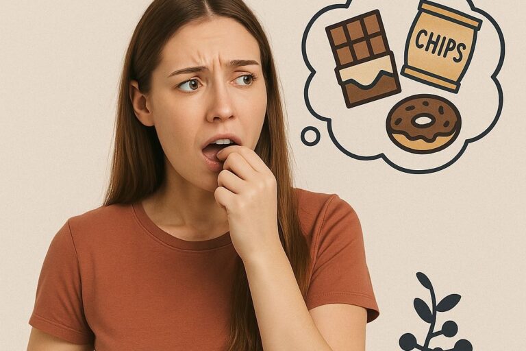 Heißhunger verstehen – Ursachen und was Insulin damit zu tun hat Frau mit Heißhunger denkt an Schokolade, Chips und Donuts – Darstellung von Insulin und Magensymbol