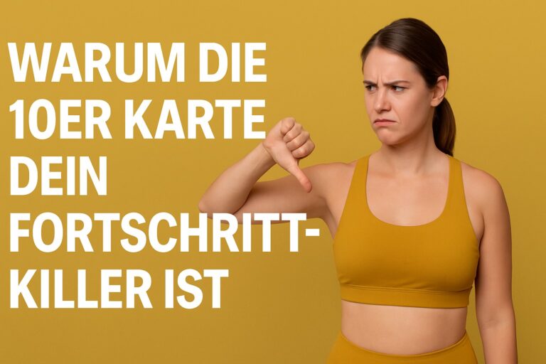 10er-karte-fortschritt-killer-brizzly-villach.jpg Frau im Sportoutfit zeigt Daumen nach unten, daneben steht der Text ‚Warum die 10er Karte dein Fortschritt-Killer ist‘ – BRIZZLY Villach Fitnessstudio.