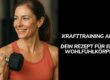 Frau um die 35 beim Krafttraining mit Hanteln im Fitnessstudio – Aufbau von Muskeln und Vorbereitung auf die Wechseljahre