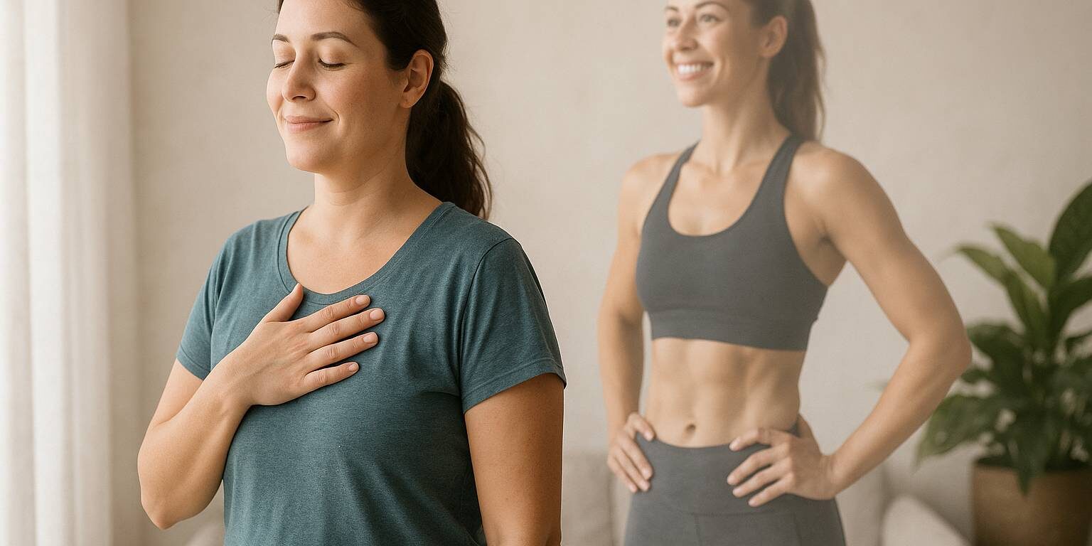 Frau stellt sich ihr zukünftiges, fitteres Ich vor und spürt Stolz und Zufriedenheit – Symbol für mentale Stärke und persönliches Wachstum.