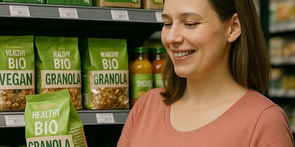 frau-mit-kind-kauft-bio-vegan-granola-im-supermarkt-brizzly.jpg Frau mit Kind im Supermarkt vor Regal mit Bio- und Vegan-Granola, freut sich über gesunde Produkte – BRIZZLY Villach Coaching