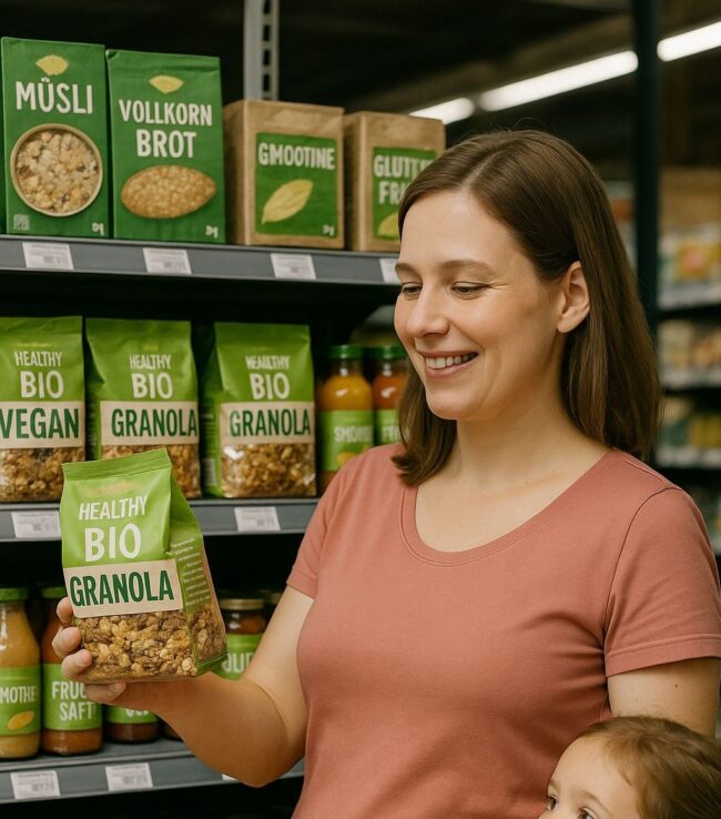 frau-mit-kind-kauft-bio-vegan-granola-im-supermarkt-brizzly.jpg Frau mit Kind im Supermarkt vor Regal mit Bio- und Vegan-Granola, freut sich über gesunde Produkte – BRIZZLY Villach Coaching
