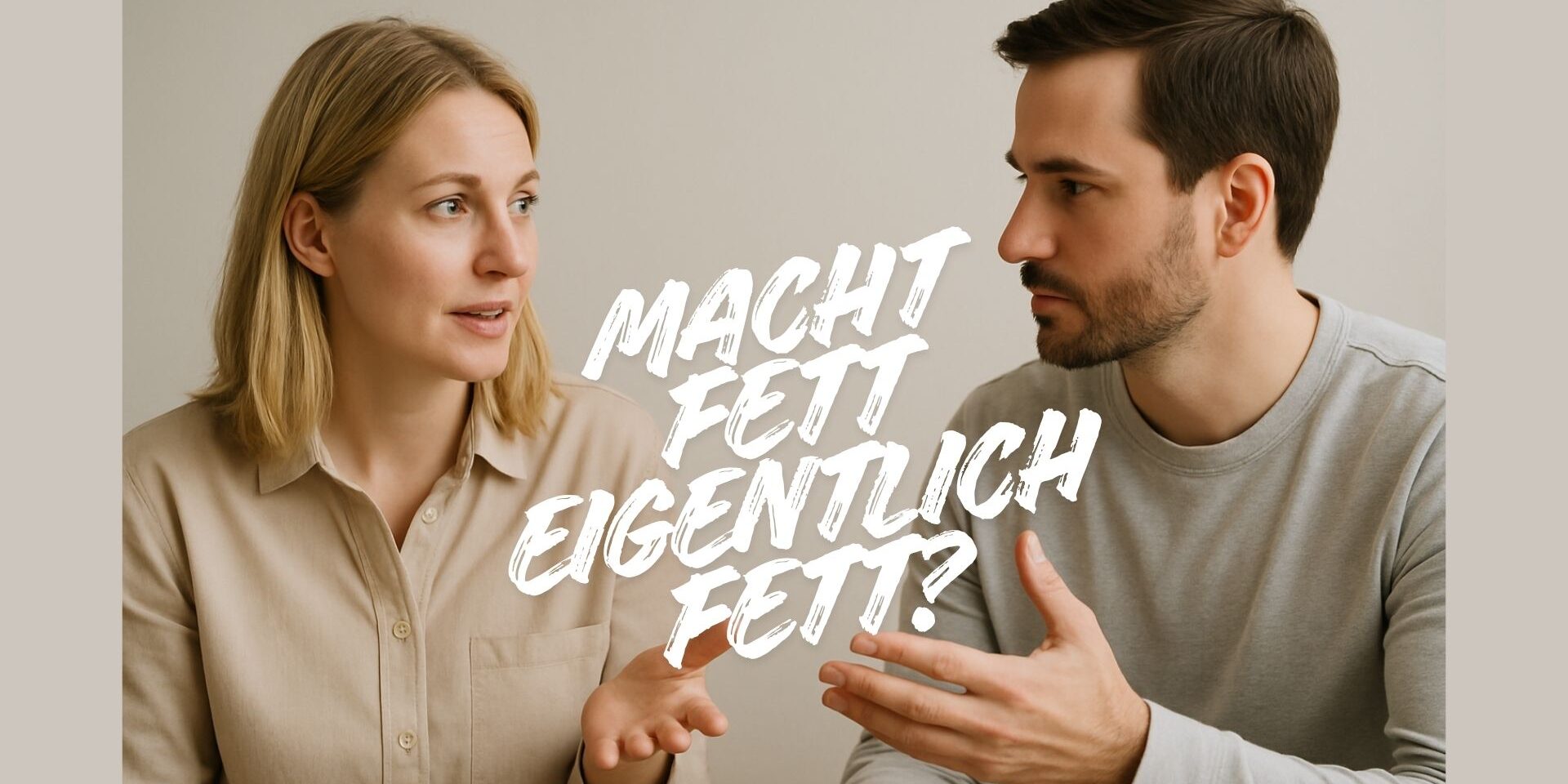 Leicht blonde Frau und Mann diskutieren freundlich über das Thema Fett in der Ernährung mit Platz für Überschrift im oberen Bereich.