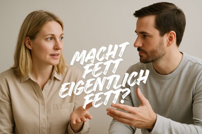 Leicht blonde Frau und Mann diskutieren freundlich über das Thema Fett in der Ernährung mit Platz für Überschrift im oberen Bereich.