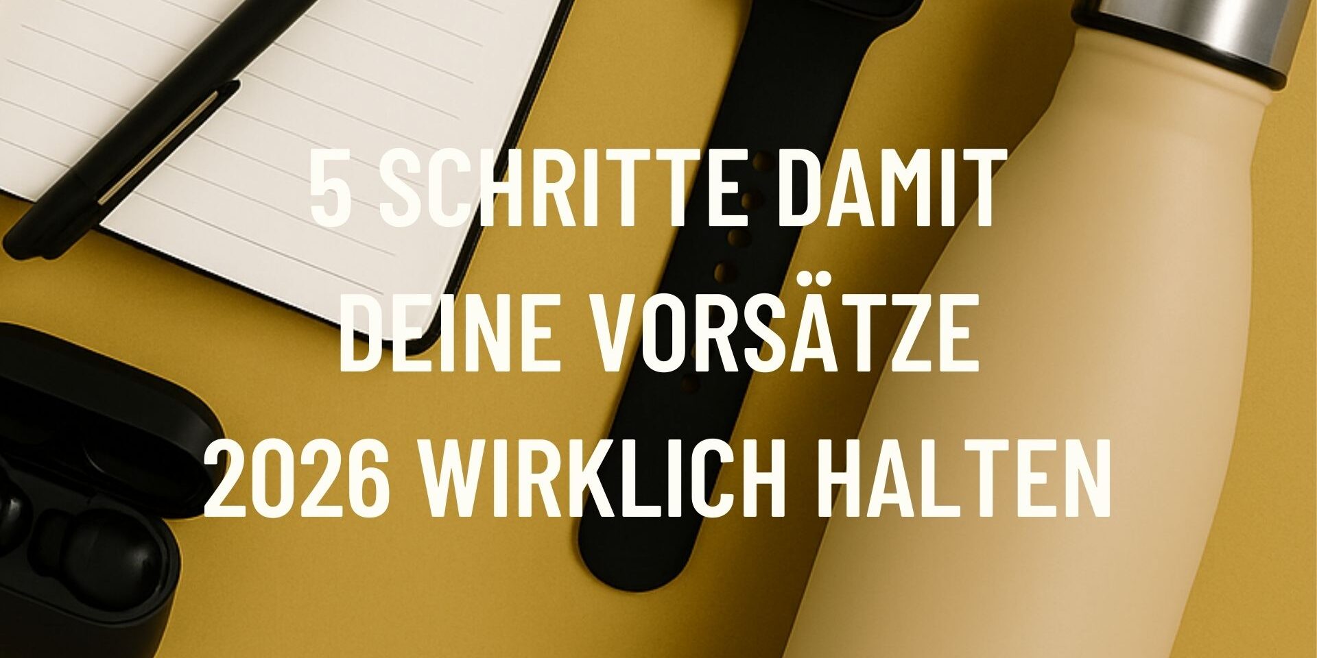 5 Schritte damit deine Vorsätze 2026 wirklich halten – BRIZZLY Flatlay auf Mustard Hintergrund mit Fitness Essentials und Titel 5 Schritte damit deine Vorsätze 2026 wirklich halten.