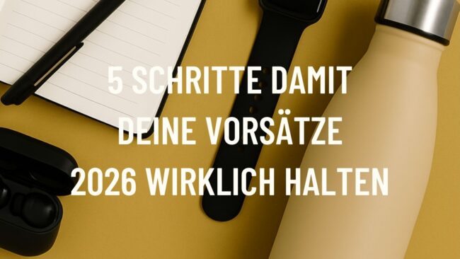 5 Schritte damit deine Vorsätze 2026 wirklich halten – BRIZZLY Flatlay auf Mustard Hintergrund mit Fitness Essentials und Titel 5 Schritte damit deine Vorsätze 2026 wirklich halten.
