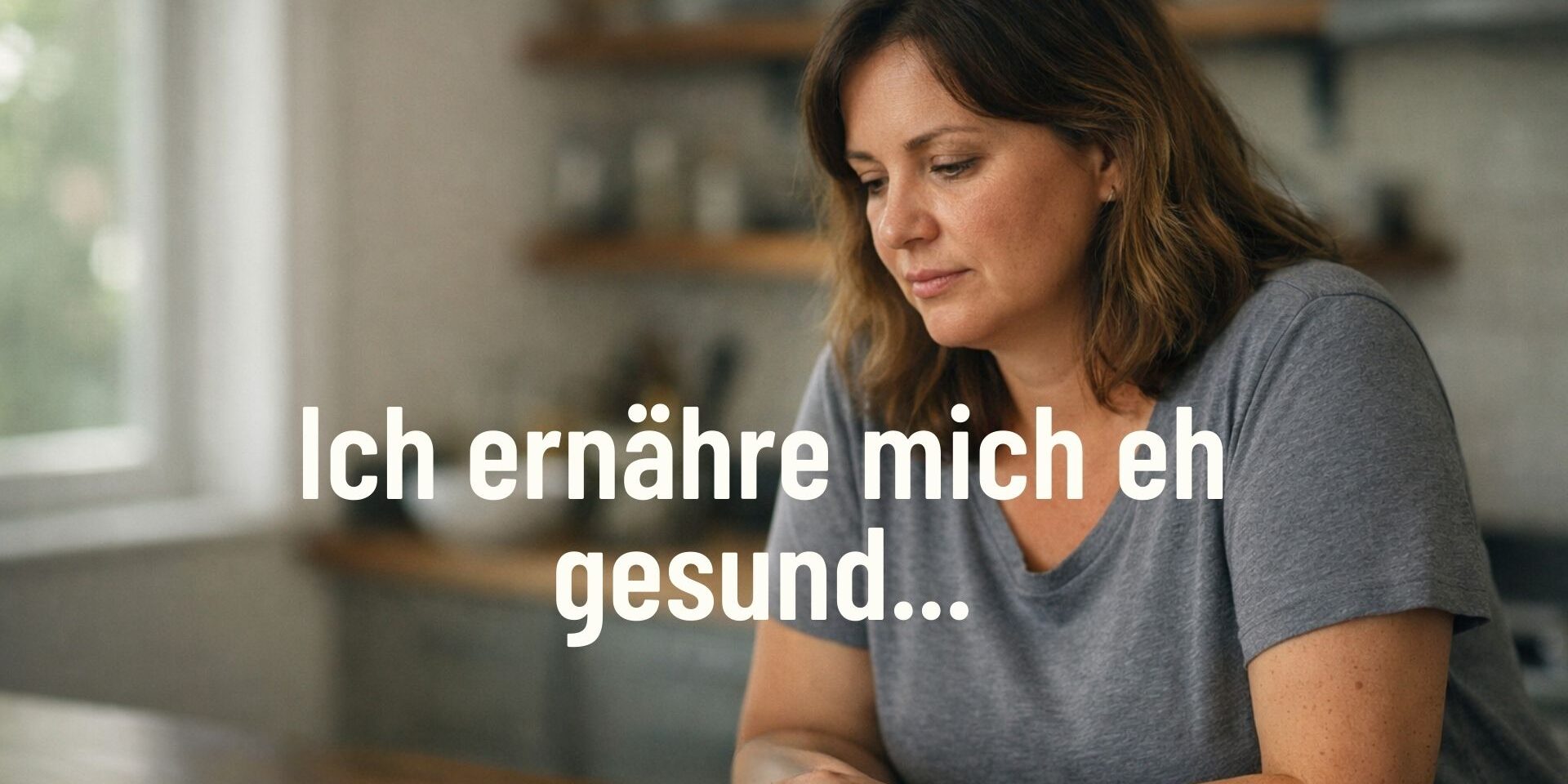 Nachdenkliche Frau um die 40 in ihrer Küche, die sich gesund ernährt und trotzdem keine Veränderung am Körper wahrnimmt.