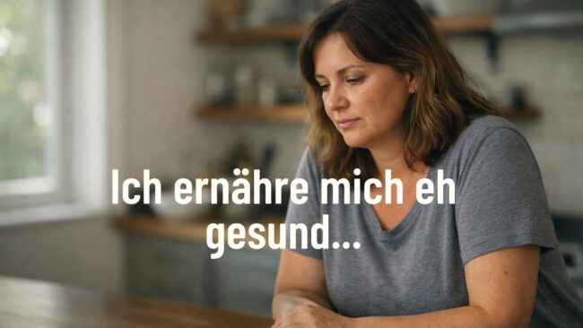 Nachdenkliche Frau um die 40 in ihrer Küche, die sich gesund ernährt und trotzdem keine Veränderung am Körper wahrnimmt.