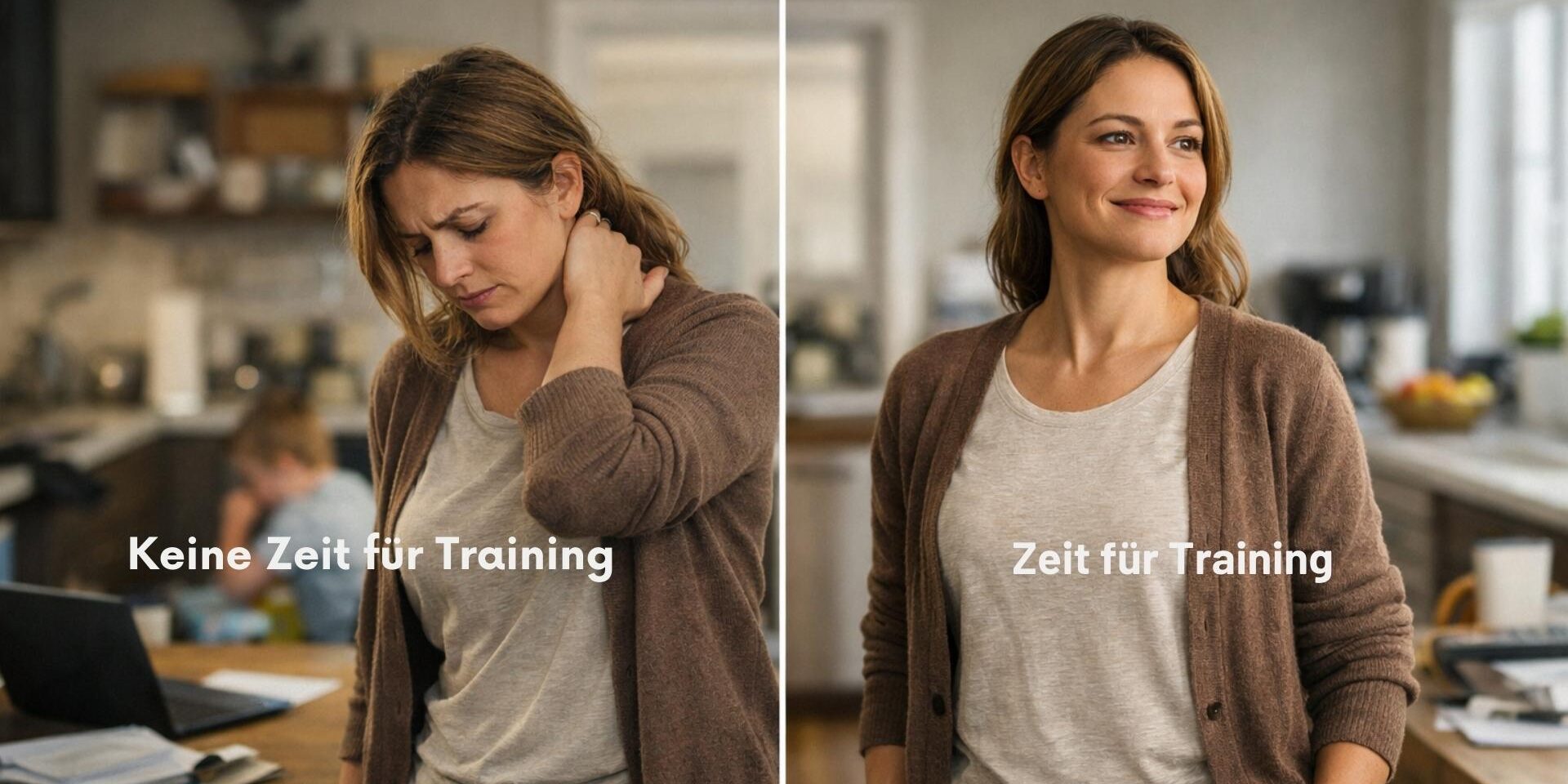 Vergleich zwischen Mutter ohne Zeit für Training und Mutter mit Zeit für Training – gleiche Lebenssituation mit wenig Energie versus Wohlbefinden und Präsenz