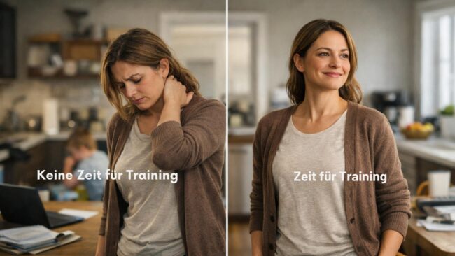 keine-zeit-gesundheit-training Vergleich zwischen Mutter ohne Zeit für Training und Mutter mit Zeit für Training – gleiche Lebenssituation mit wenig Energie versus Wohlbefinden und Präsenz
