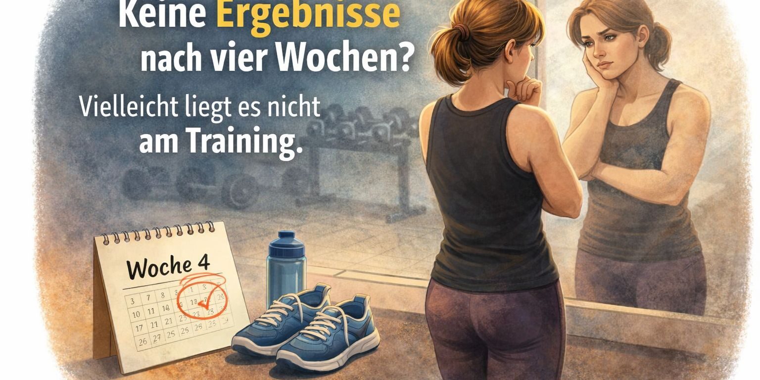 Frau im Fitnessstudio schaut nach vier Wochen Training nachdenklich in den Spiegel – Thema fehlende Ergebnisse und Fitness Mindset