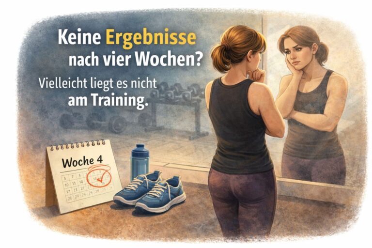 Frau im Fitnessstudio schaut nach vier Wochen Training nachdenklich in den Spiegel – Thema fehlende Ergebnisse und Fitness Mindset