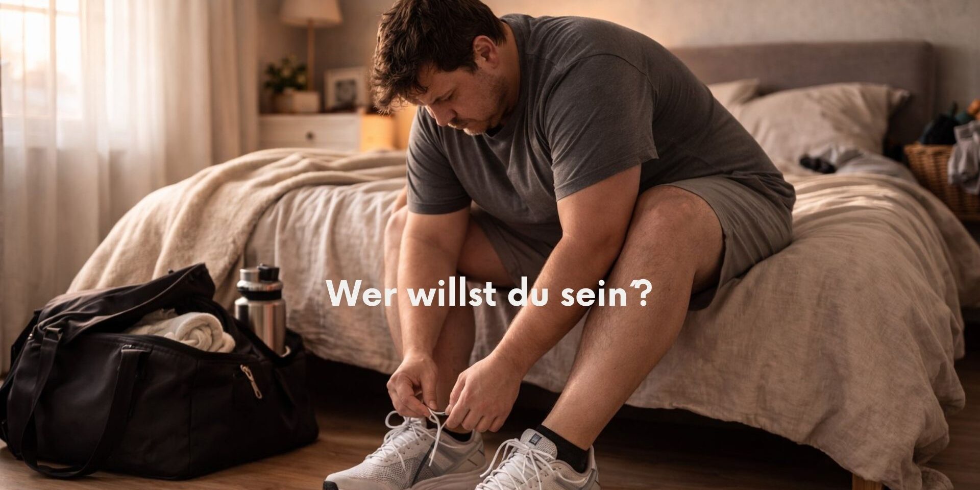 32-jähriger Mann bindet Sportschuhe im Schlafzimmer – Symbol für Identitätsveränderung und Trainingsbeginn