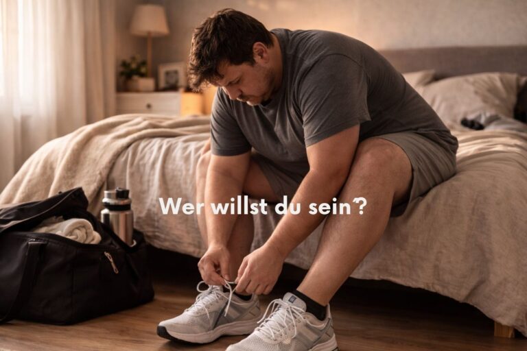 32-jähriger Mann bindet Sportschuhe im Schlafzimmer – Symbol für Identitätsveränderung und Trainingsbeginn