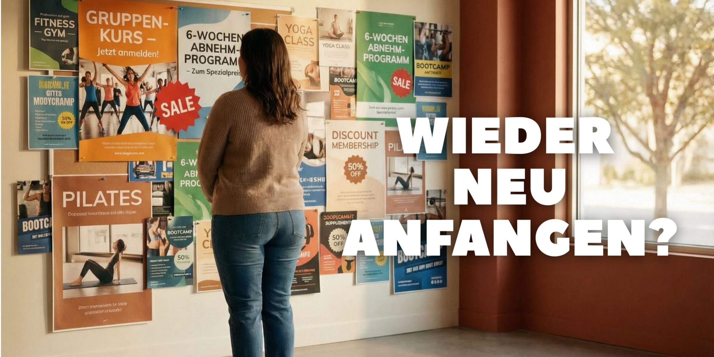 Frau steht vor vielen Fitness Angeboten und sucht das richtige Training für ihr Ziel