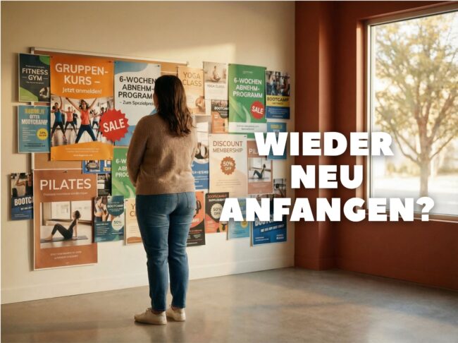 Frau steht vor vielen Fitness Angeboten und sucht das richtige Training für ihr Ziel