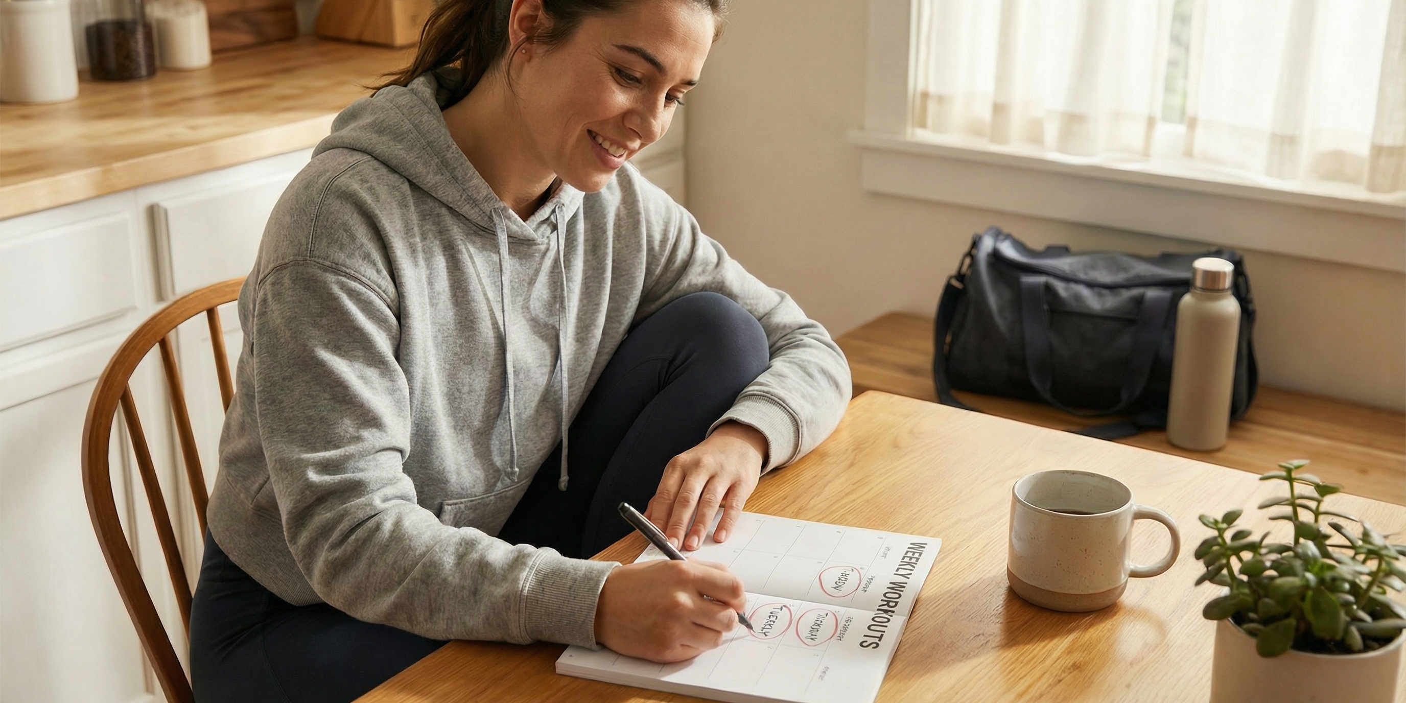 Frau plant ihre Krafttrainingseinheiten für die Woche am Küchentisch